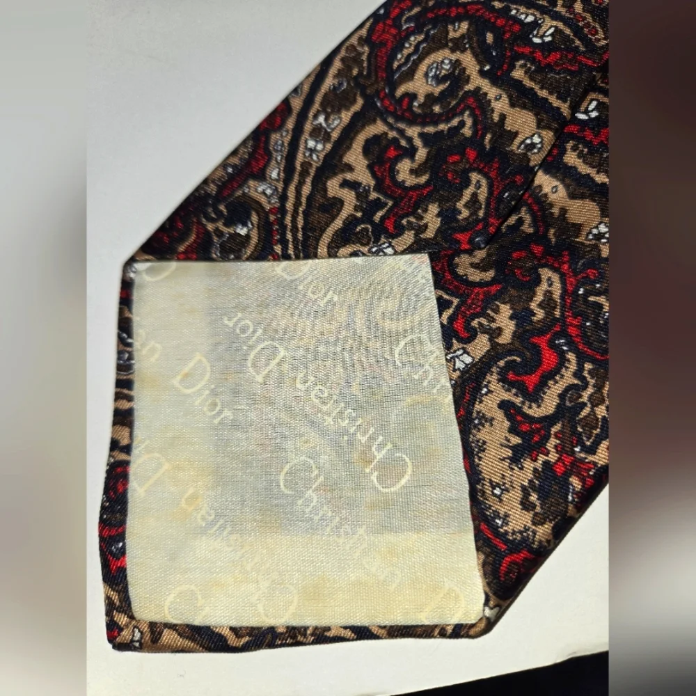 Christian Dior Cravates Silk Paisley Tie in Red and Brown VINTAGE